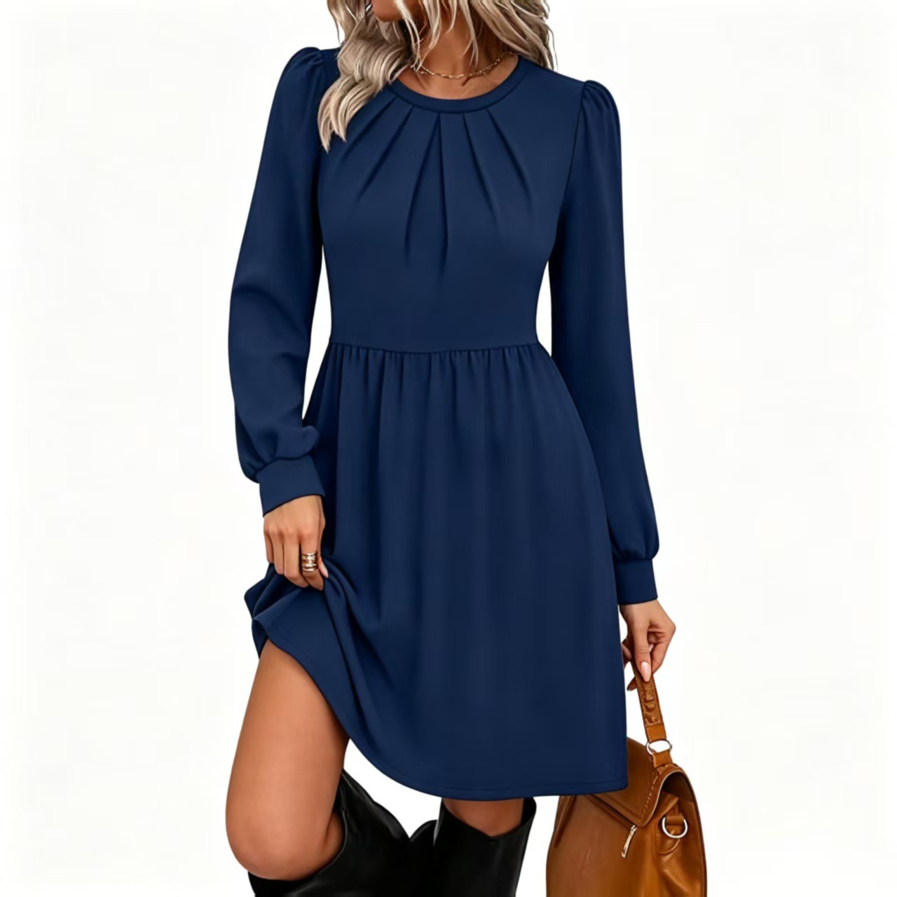 Korean Retro Plaid Long Sleeve Dress High Waist Flared Babydoll
