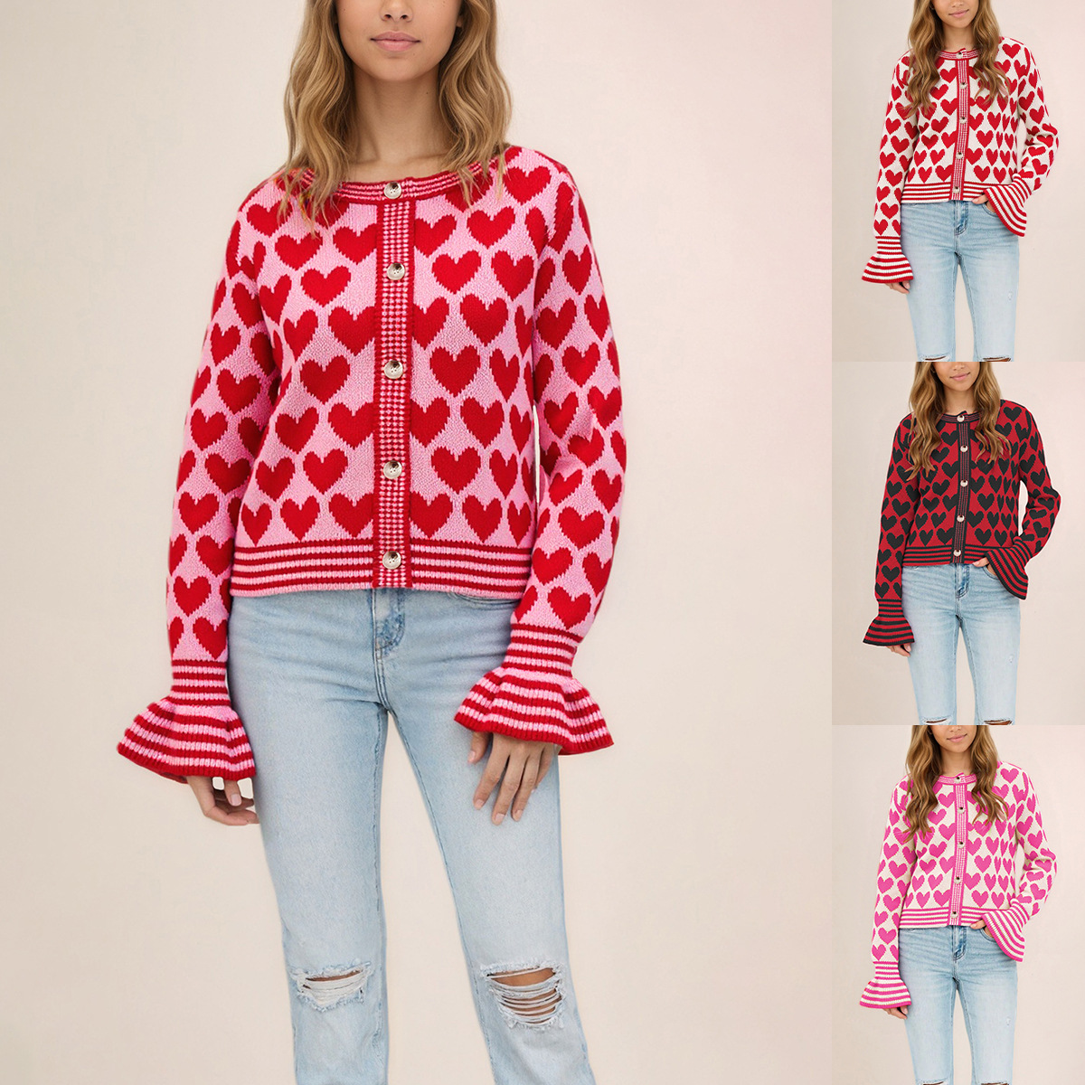 Heart Pattern Knit Cardigan Sweater Crew Neck Colorblock