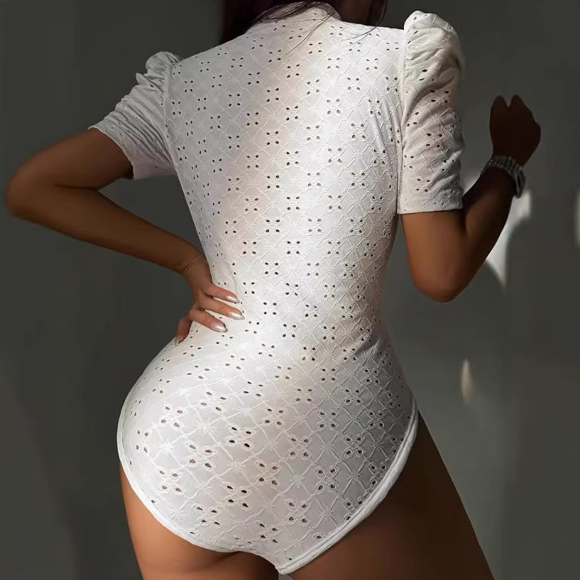 Women's Hollow Embroidered Jacquard Solid Color Bodysuit Beach Resort Top