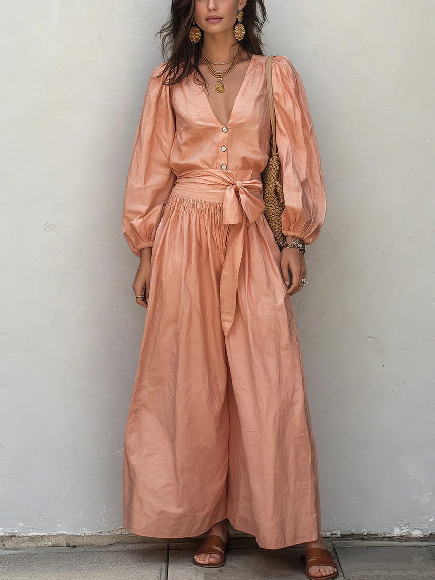 V-Neck Long-Sleeve Tie-Waist Pleated Pants Set