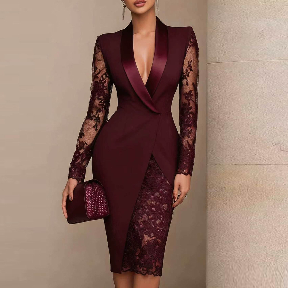 Solid Lace Panel Long Sleeve Notch Lapel Blazer Dress