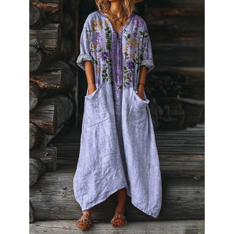 Women's Floral Ripple Print V-Neck A-Line Midi Dress Long Sleeve