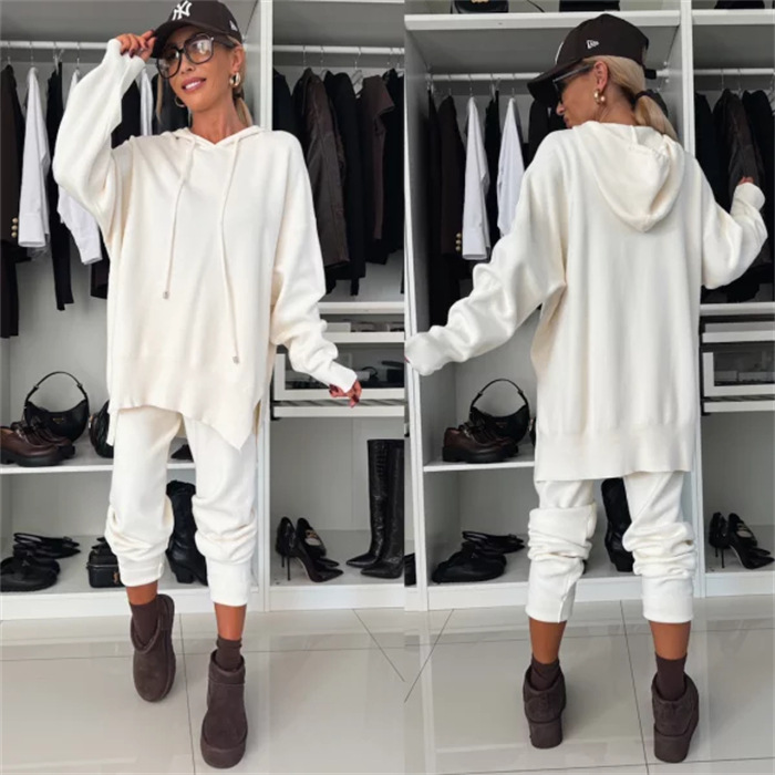 Women's Solid Color Loose Hooded Knit Two-Piece Set