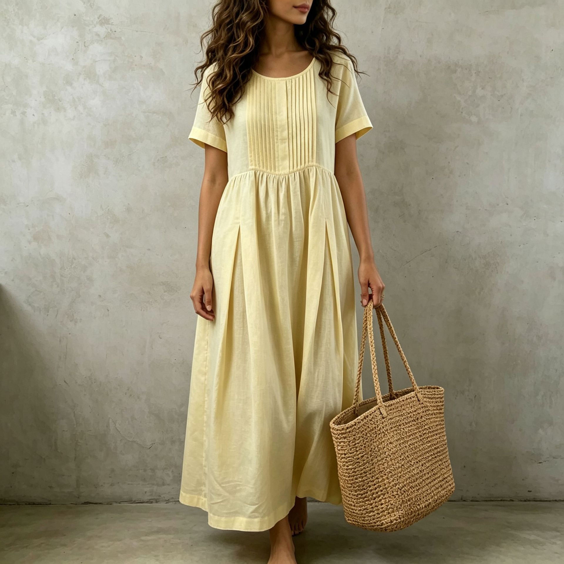 Women's Cotton Linen Short Sleeve Midi Dress Pleated Loose Solid Color