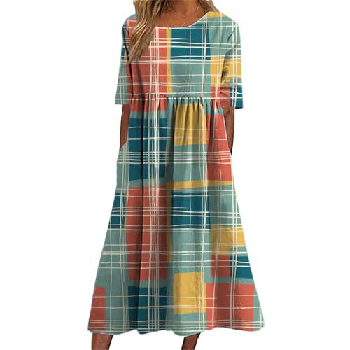 Women's Plaid Color-Block Floral Midi Dress with Pleated Details