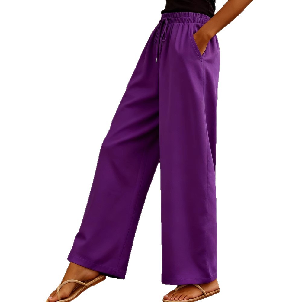 Women's Cotton-Linen Wide-Leg Pants with Drawstring Elastic Waist and Side Pockets