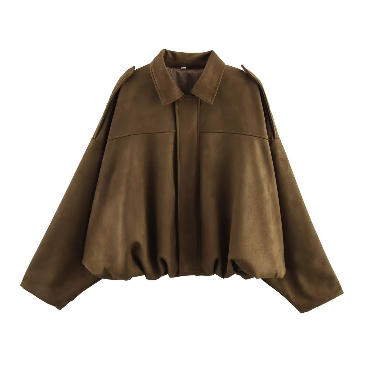 Faux Suede Bomber Jacket with Batwing Sleeves and Zip Front
