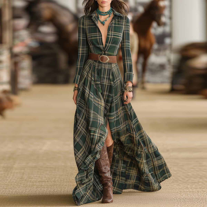 Western Plaid Shirt Collar Slim Fit Dress
