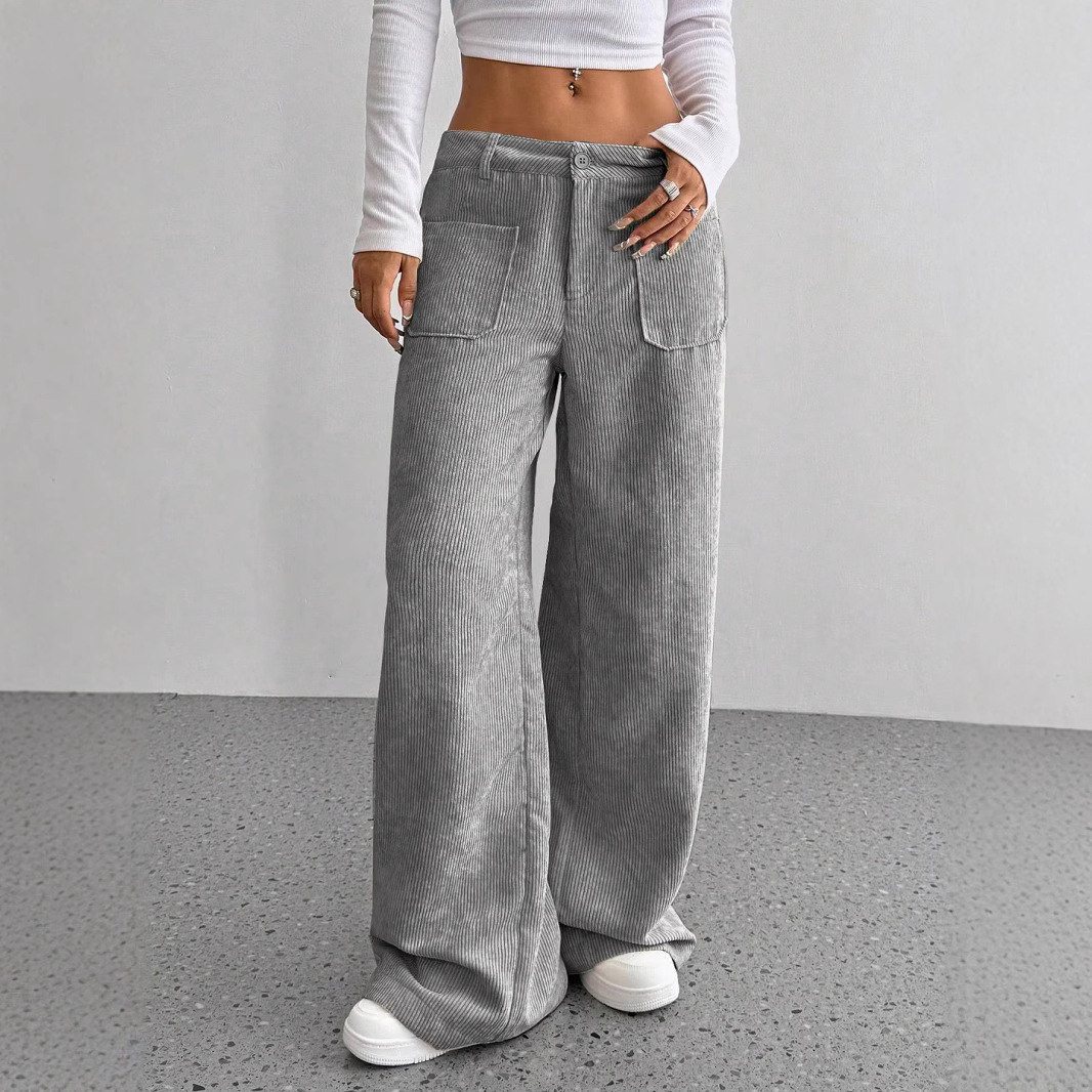 Corduroy Wide-Leg Pants for Women, Loose Fit, Front and Back Pockets, Solid Color