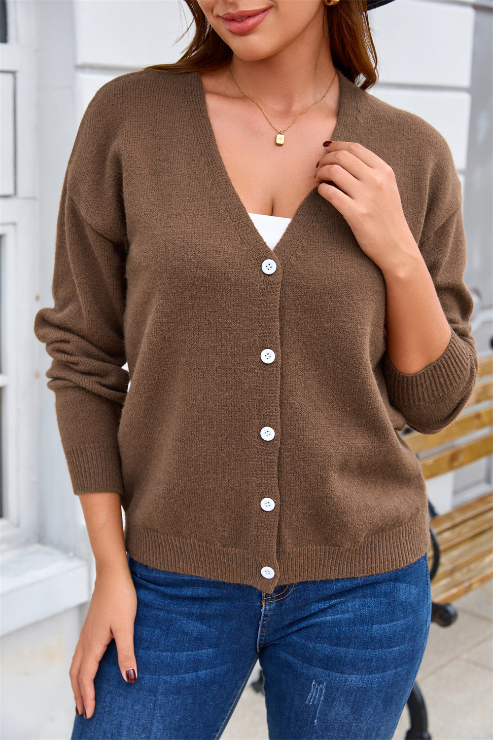 Women's Solid Color Button-Up Knit Cardigan Long Sleeve V-Neck