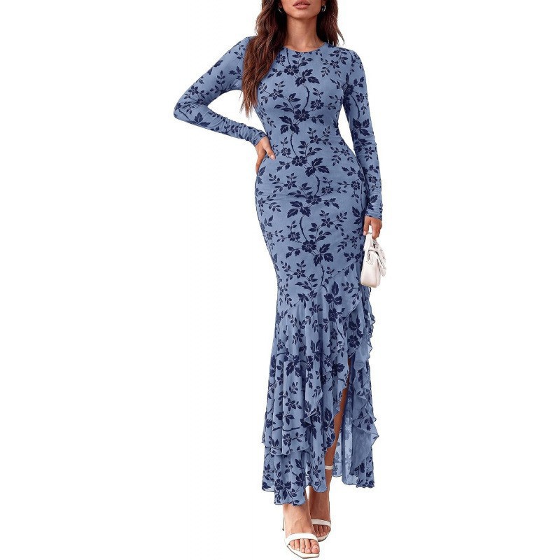 Slim-Fit Long-Sleeve Crewneck High-Waist Maxi Dress with Side Slit and Asymmetric Hem