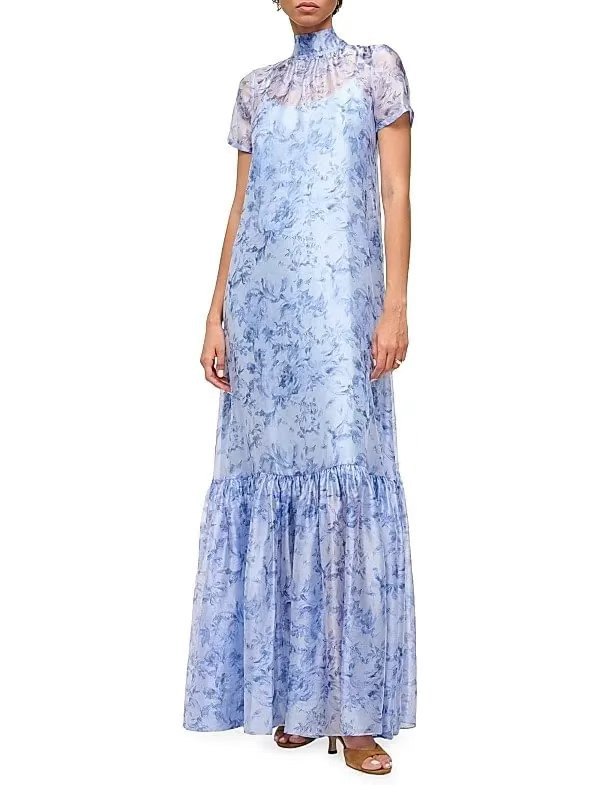 Printed Mesh Long Dress with Stand Collar Flowy Two-Piece Set