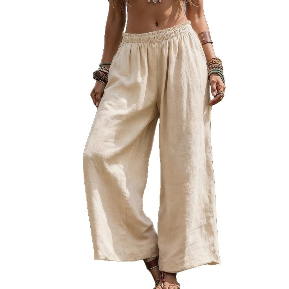 Cotton-Linen Wide-Leg Pants with Full Elastic High Waist