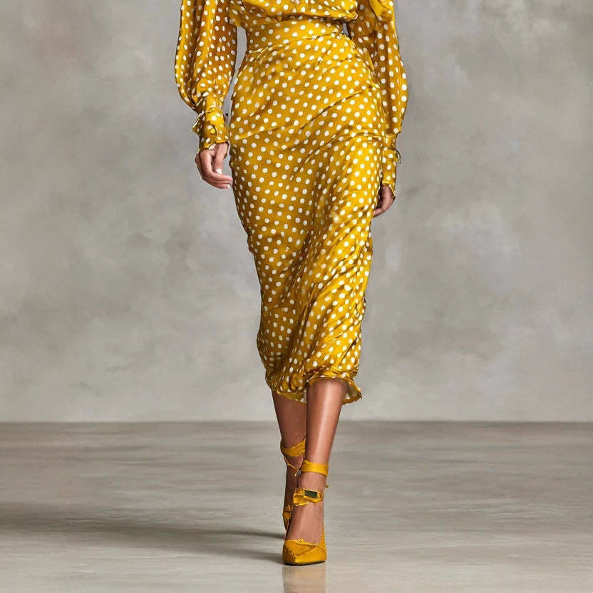 Polka Dot Tie-Neck Long-Sleeve High-Neck Blouse and Pencil Skirt Two-Piece Set