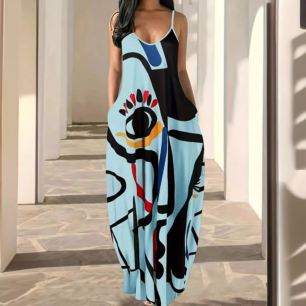 Abstract Face Print Sleeveless Maxi Dress