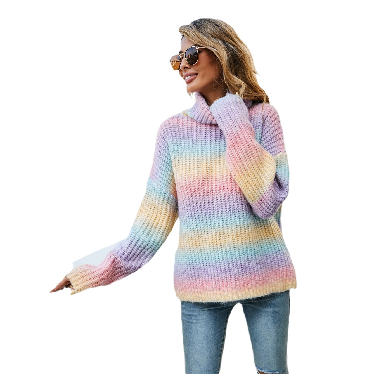 Rainbow Mock Neck Pullover Sweater for Women Plus Size