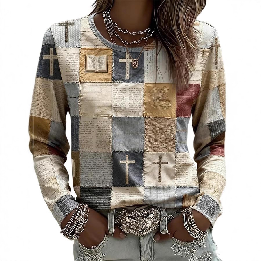 Women's Plaid Cross Floral Book Print Crewneck Sweatshirt