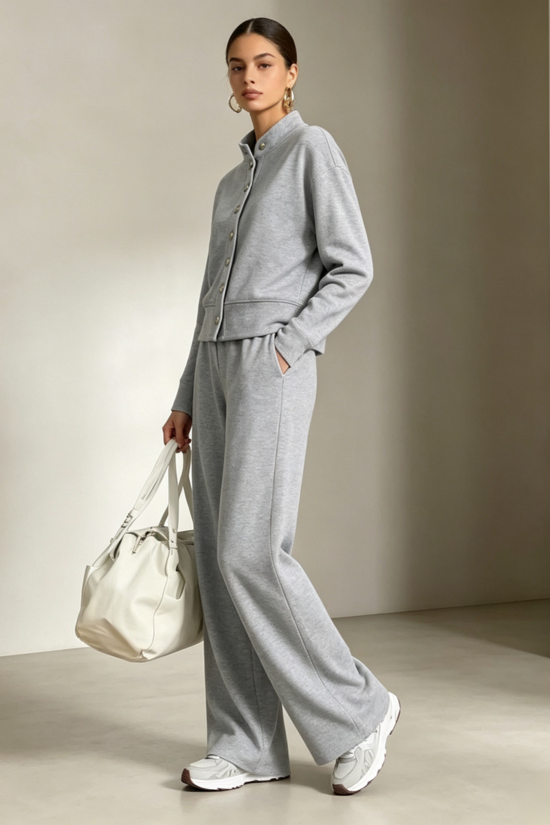 Women's Solid Stand-Collar Cardigan Hoodie & Wide-Leg Pants Set