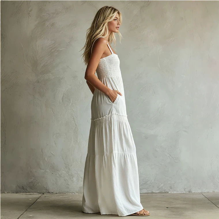 Women's Sleeveless Square Neck Pleated Wide-Leg Jumpsuit