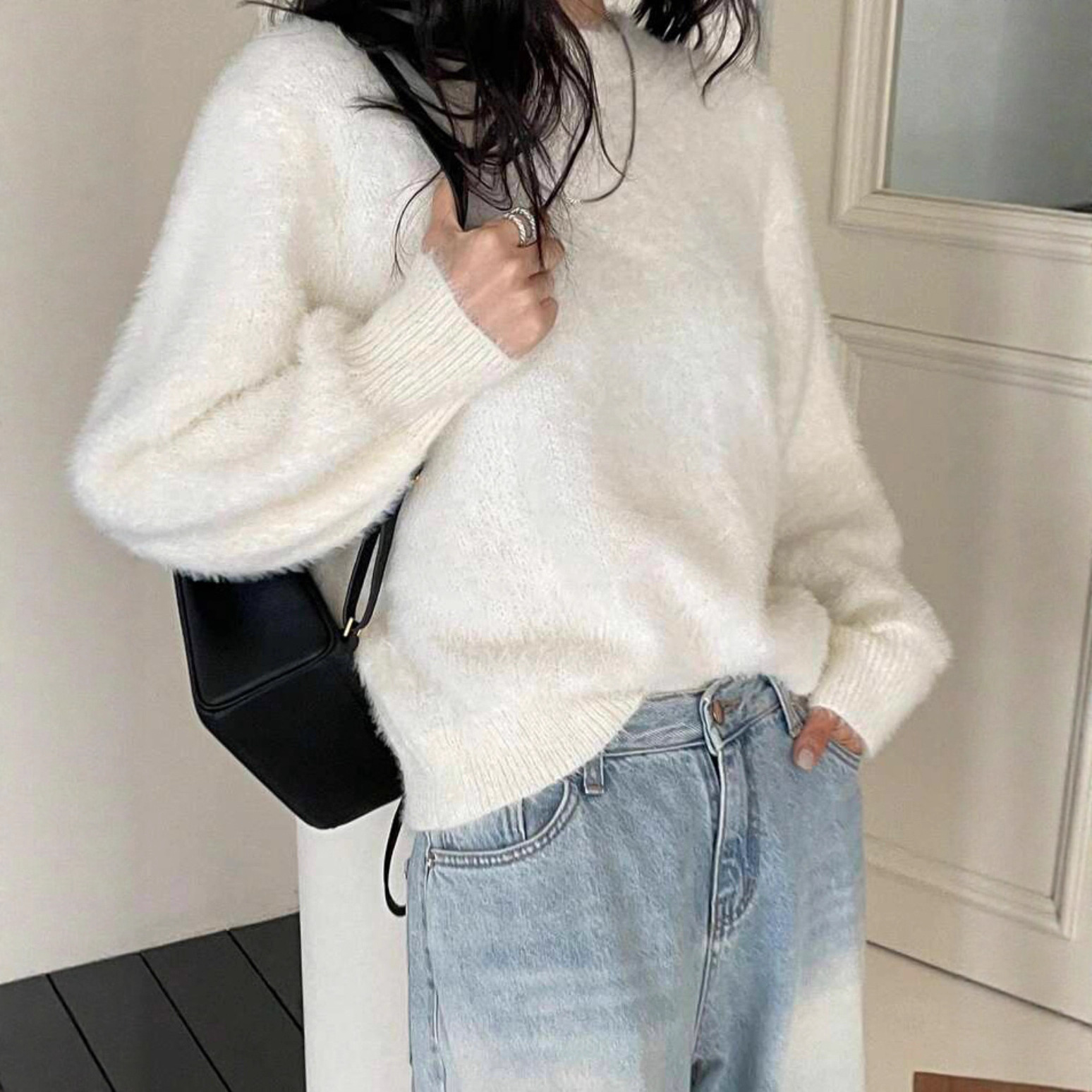 Faux Mink Fleece Crewneck Sweater Women's Fuzzy Long Sleeve Pullover Knit Top