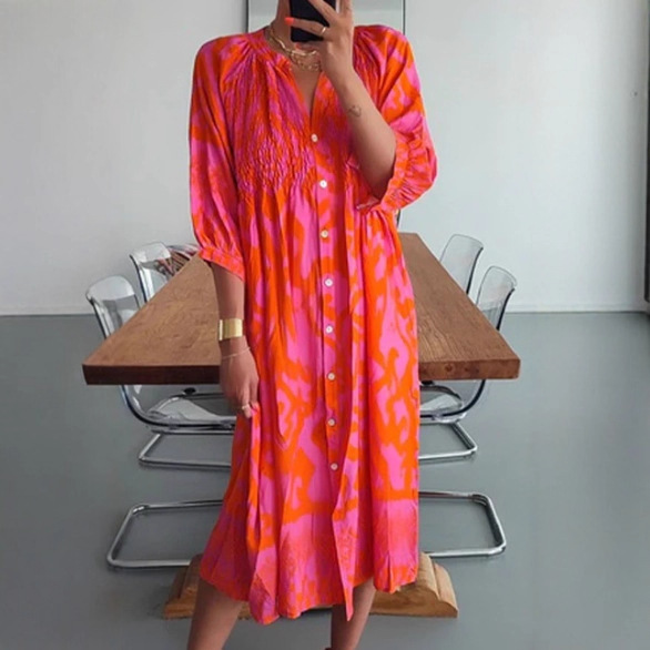 Digital Print Button V-Neck Loose Long Dress
