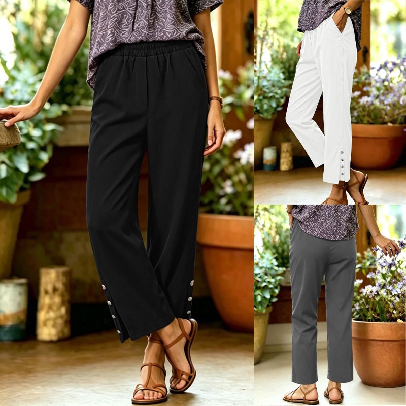 Women's Plus Size Cropped Straight Leg Dress Pants with Split Hem and Button Detail