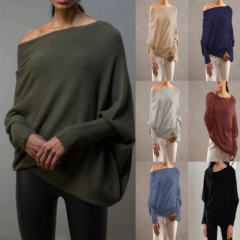 Women's Off-Shoulder Knit Pullover Sweater with Batwing Sleeves