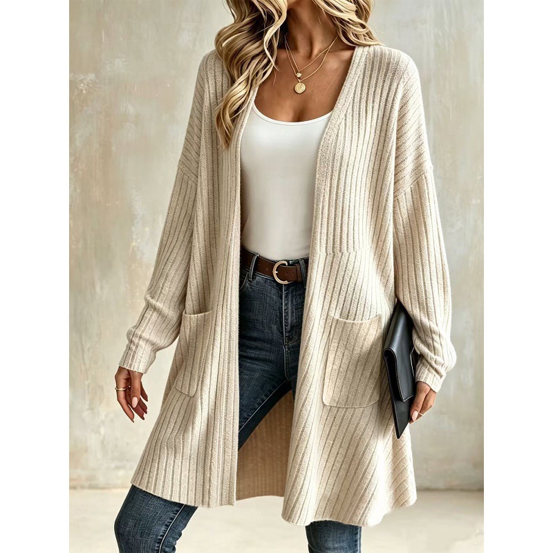 Ribbed Knit Cardigan Solid Color Casual Outerwear