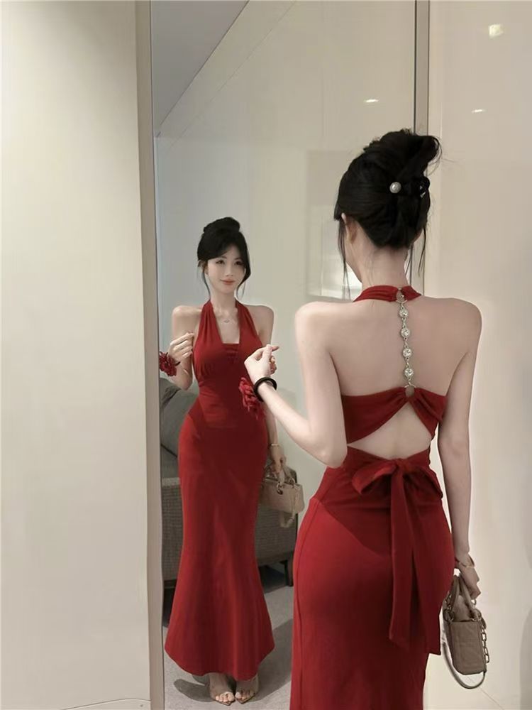 Chain Halter Tie-Back Bodycon Dress with Open Back
