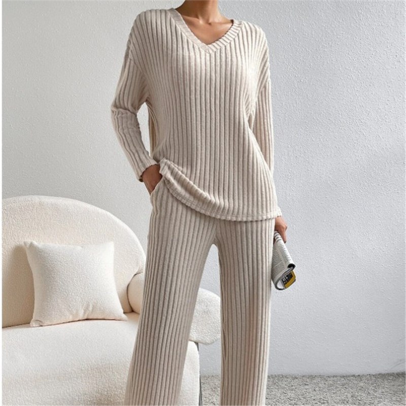 Women's Two-Piece V-Neck Knit Top and Straight-Leg Pants Set