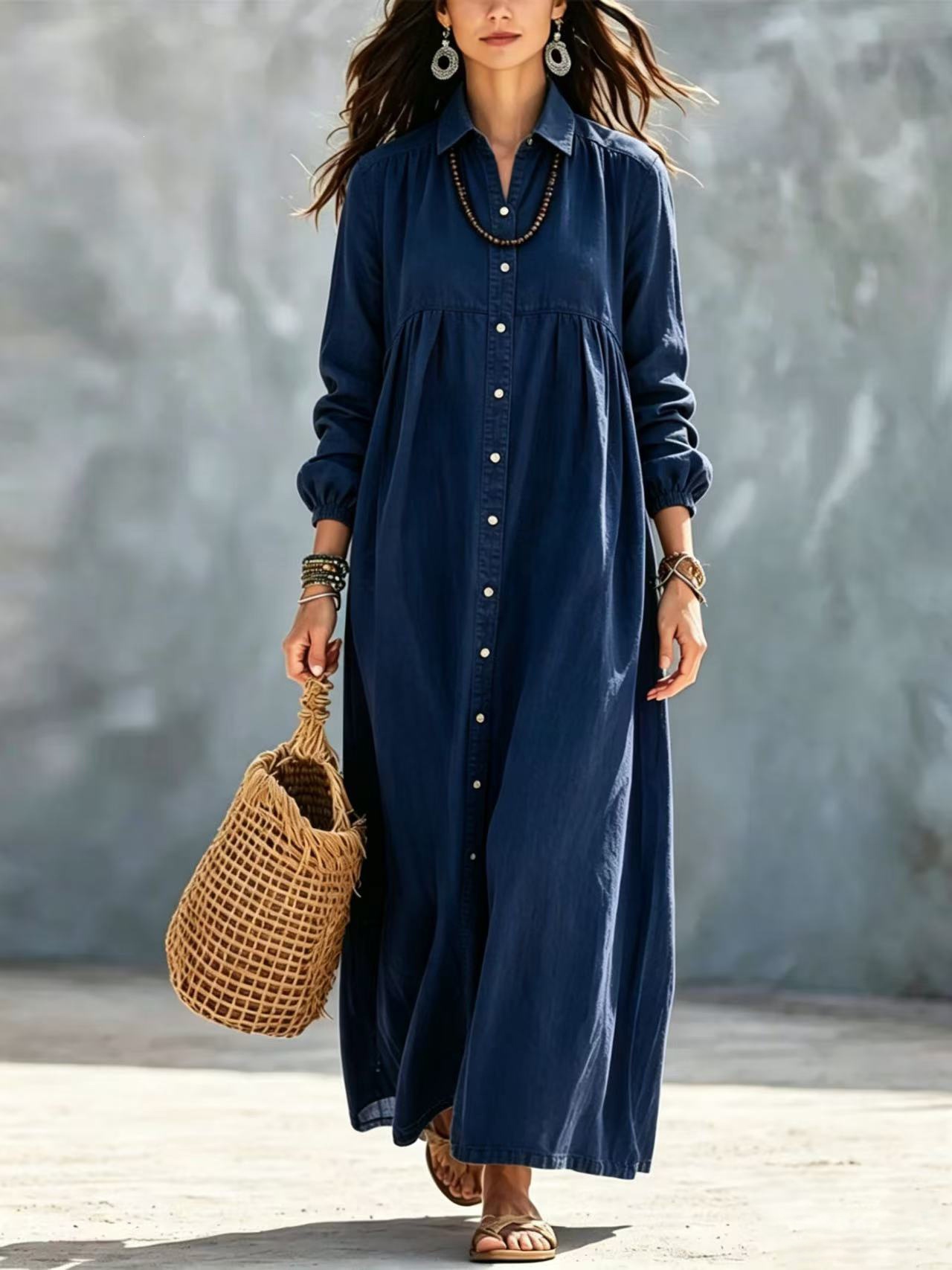 Solid Shirt Dress with Collar and Buttons Long Sleeve Loose Fit Midi