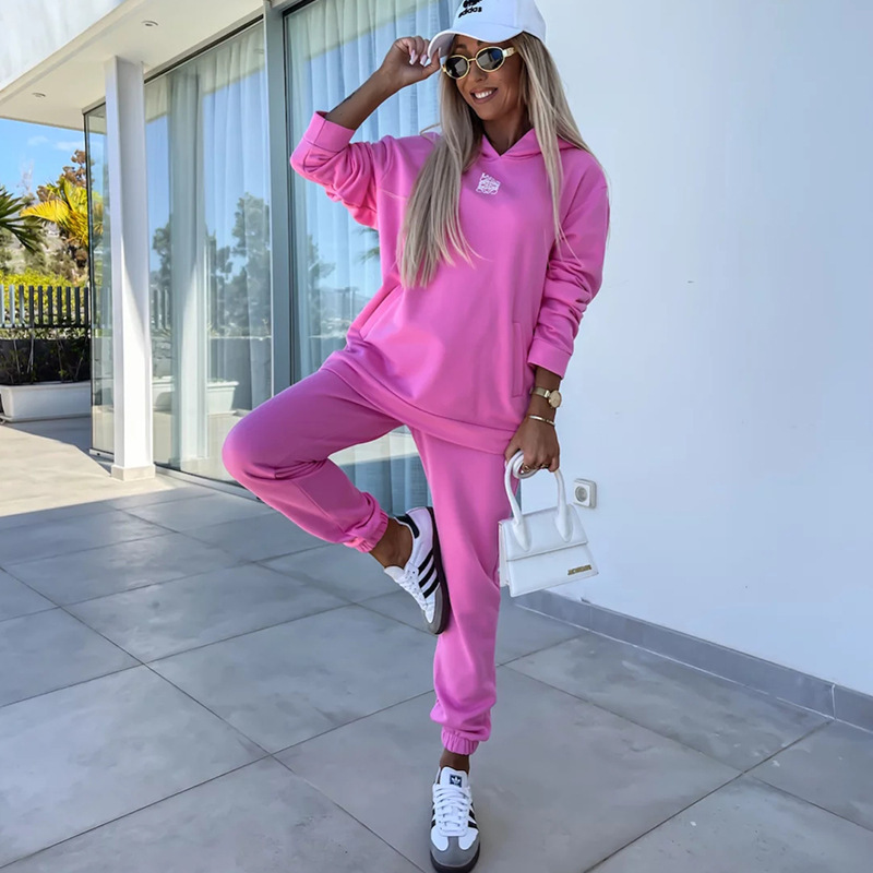 Casual Hooded Sweatshirt and Pants Set with Pockets, Solid Color