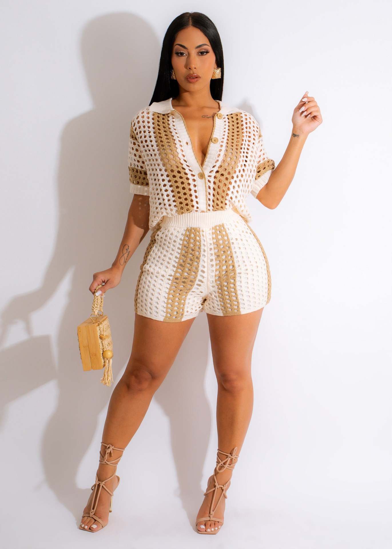 Women's Sexy Hollow-Out Sheer Lapel Knit Shorts Set