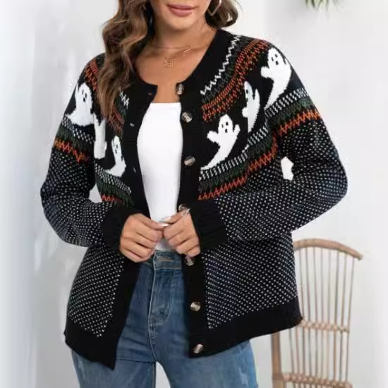Halloween Ghost Polka Dot Long Sleeve Knit Cardigan Sweater Women Loose
