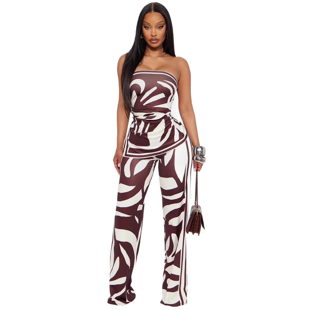 Sexy Split Tube Top and Straight-Leg Pants Two-Piece Set