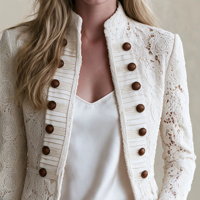 Retro White Lace Double-Breasted Jacket with Stand Collar