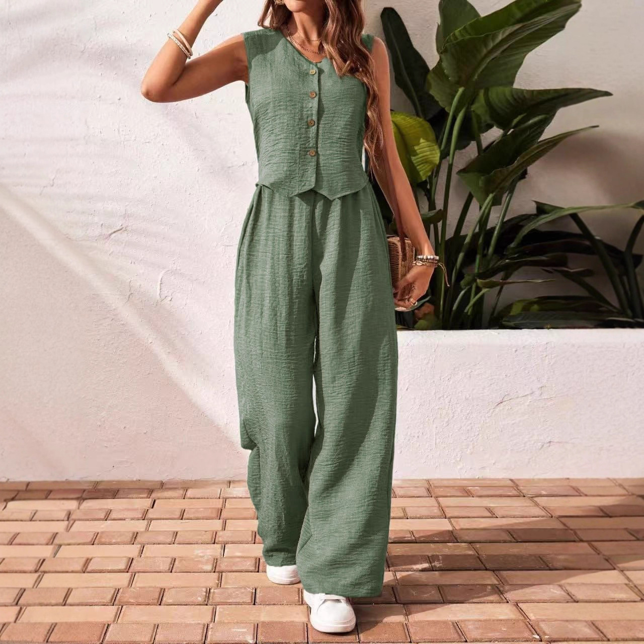 Linen-Blend Button-Front V-Neck Vest and Pants Set
