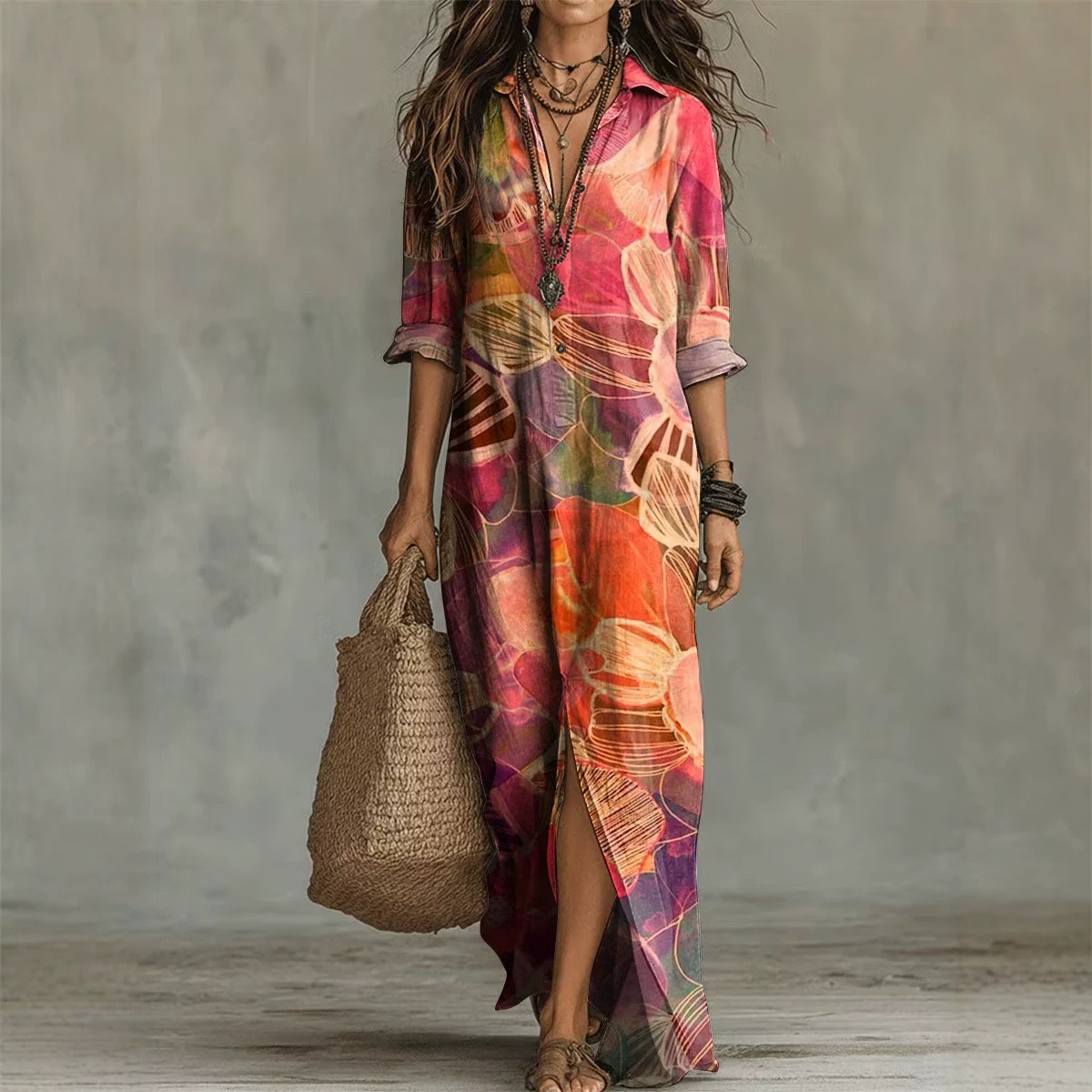 Bohemian V-Neck Midi Dress Short Sleeve A-Line Geometric Print