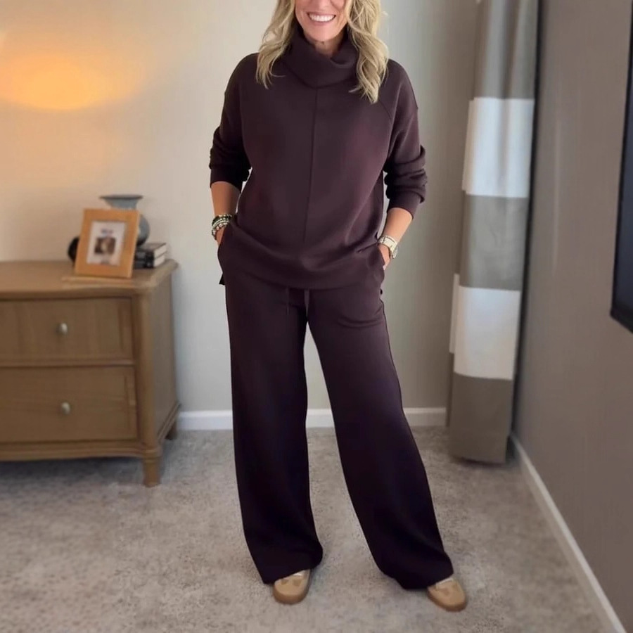 Women's Fall Winter High Neck Solid Color Sweatshirt & Wide Leg Pants 2-Piece Set
