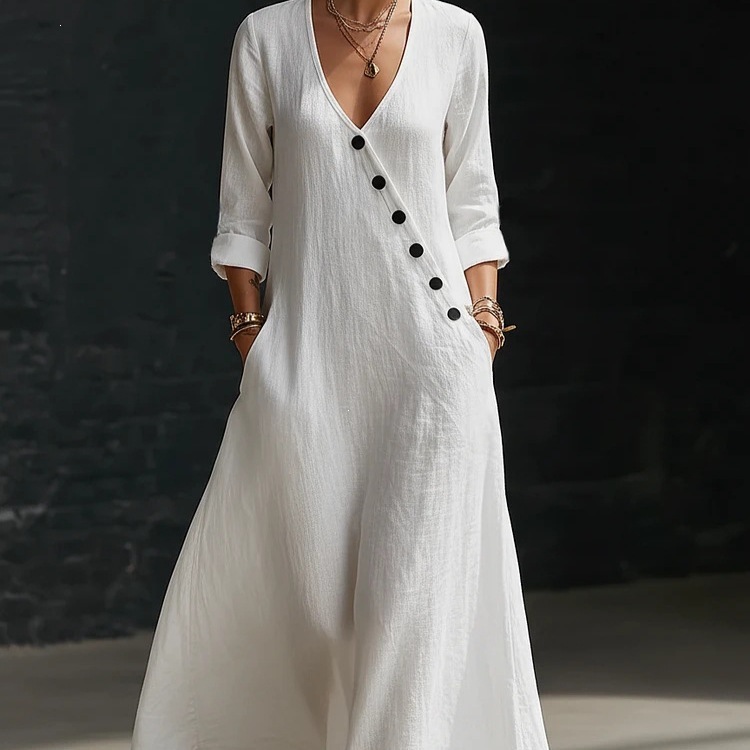Asymmetric Button V-Neck Midi Dress with Rolled Cuffs and Side Pockets