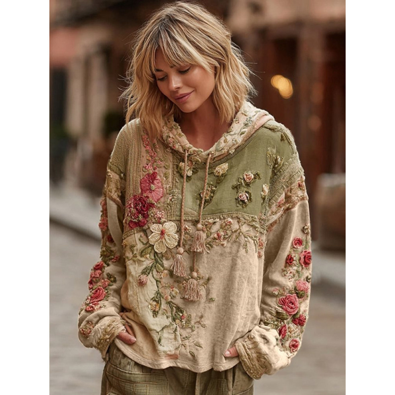 Japanese Cherry Blossom Print Loose Crewneck Sweatshirt