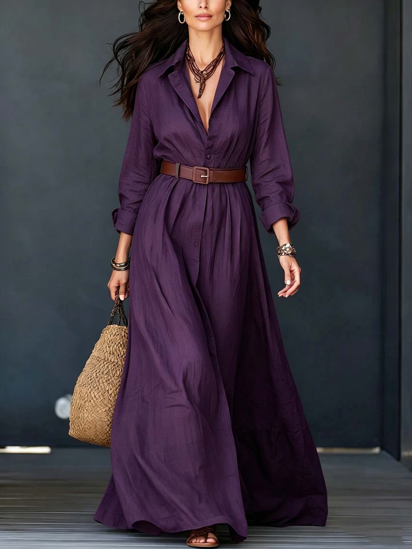 Women's Cotton-Linen Shirt Dress with Collar, Long Sleeves, Belted, Floor-Length