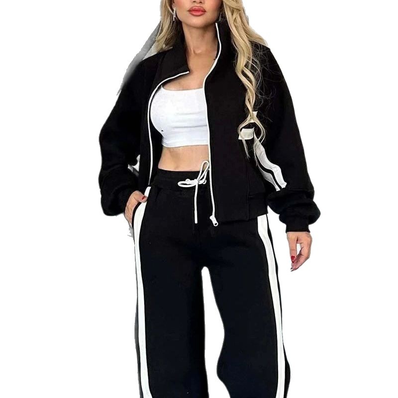 Women's Colorblock Two-Piece Lounge Set Zip Cardigan & Wide-Leg Pants