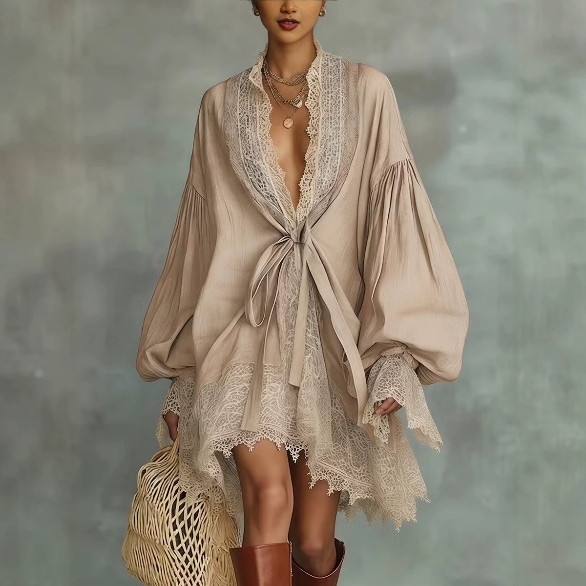 V-Neck Bubble Sleeve Lace-Up Midi Dress