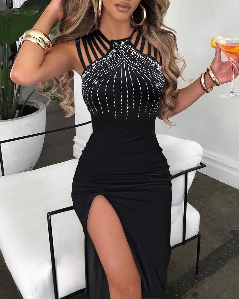 Women's Rhinestone Split Bodycon Dress Elegant Evening Party Dress