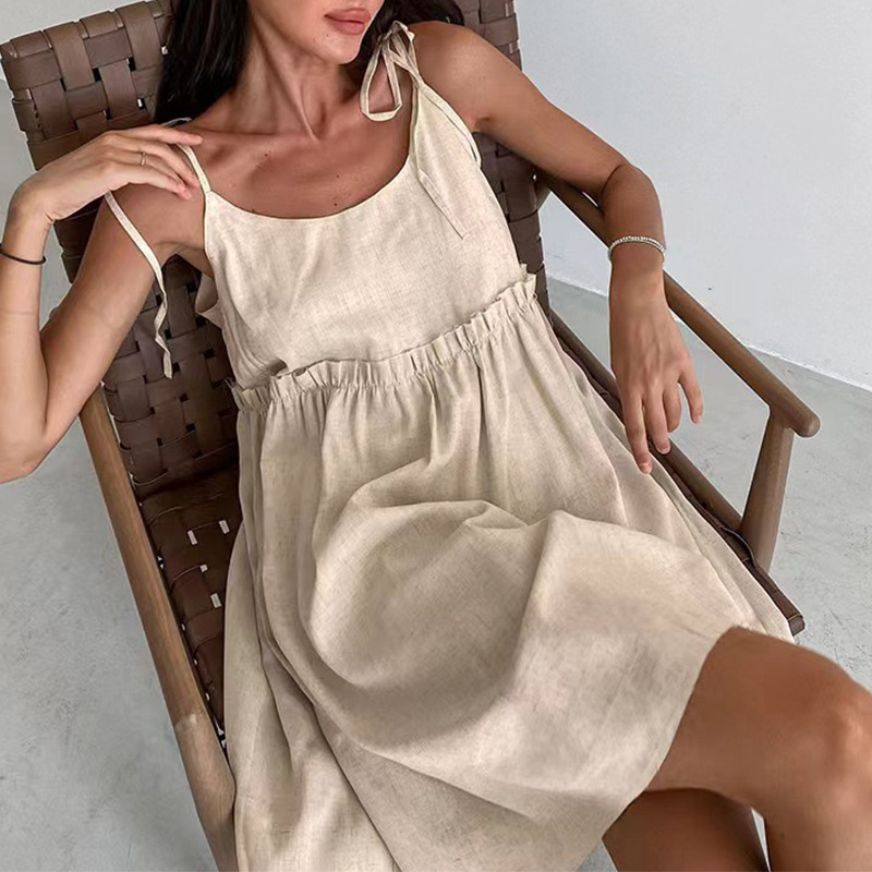Solid Textured U-Neck Smocked Sleeveless A-Line Midi Dress