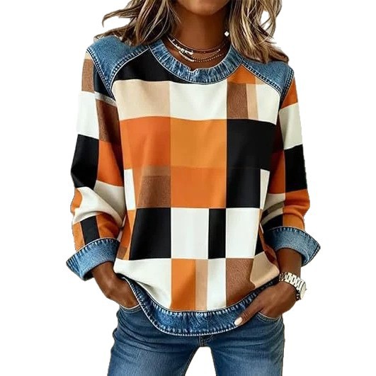 Women's Plaid Color-Block Print Casual Hoodie