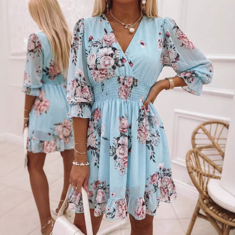 Colorblock Layered V-Neck Flare-Sleeve A-Line Chiffon Dress with Ruffle Waist