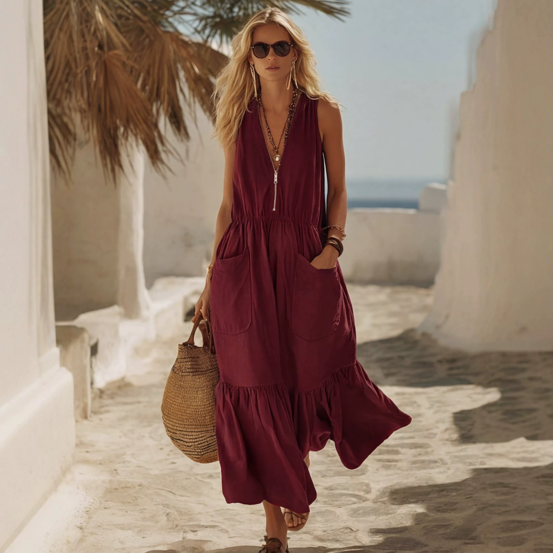 Sleeveless V-Neck A-Line Maxi Dress with Pockets