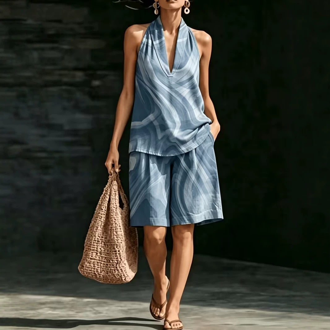 Retro Floral Print Sleeveless Halter Vest Set for Women